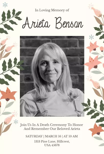 In Loving Memory Floral Funeral Service Invitation Template