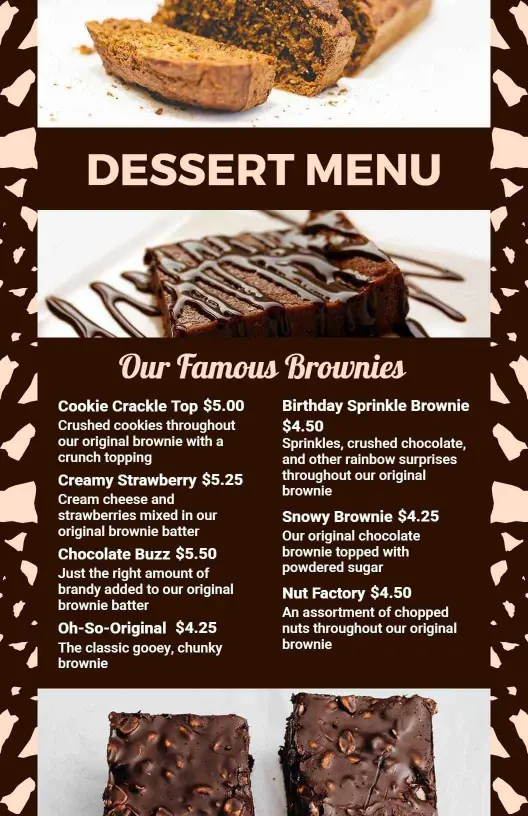 Indulgent Brownie Offerings With Unique Toppings Dessert Menu Template