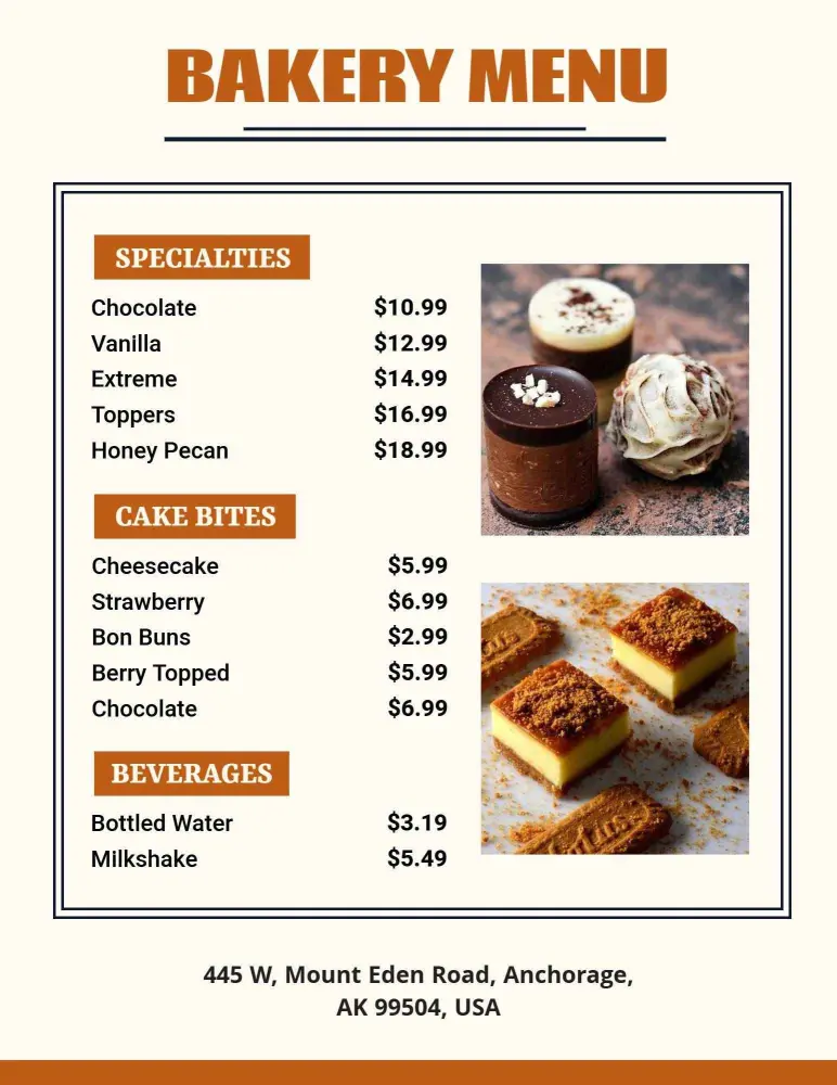 Indulgent Cake Bites and Rich Pastries Selection Bakery Menu Template