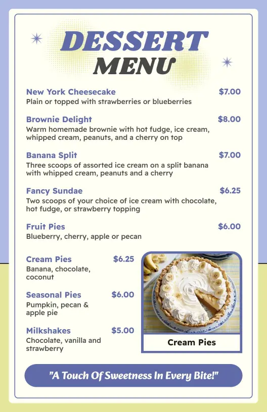 Indulgent Cheesecakes and Sweet Treats Delight Dessert Menu Template