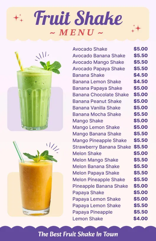 Indulgent Chocolate and Mocha Varieties Fruit Shake Drink Menu Template