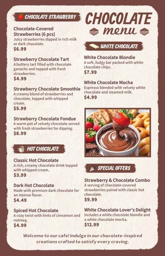 Indulgent Chocolate Desserts and Drink Selections Chocolate Menu Template