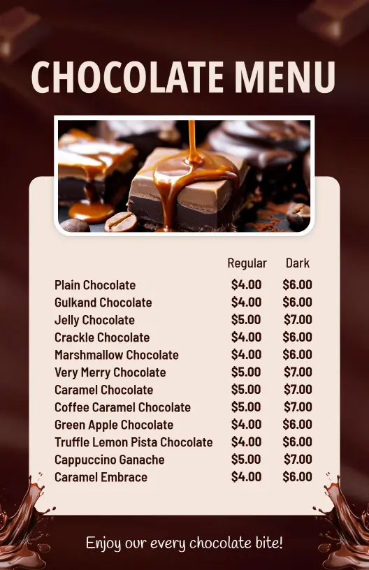 Indulgent Chocolate Varieties and Unique Flavors Chocolate Menu Template