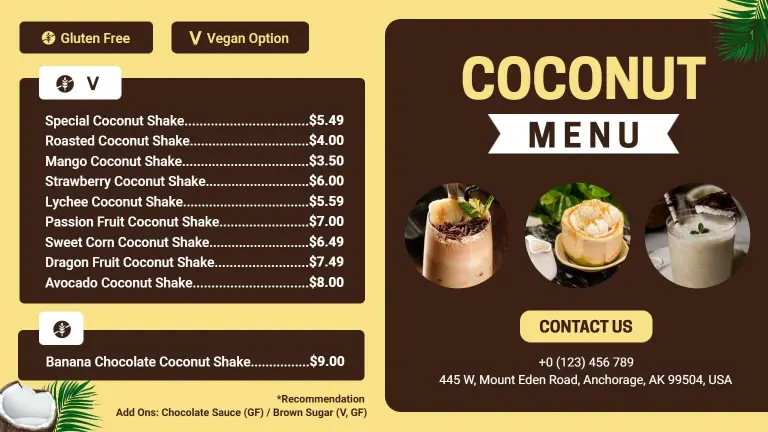 Indulgent Coconut Shakes and Sweet Treats Delicious Dessert Menu Template