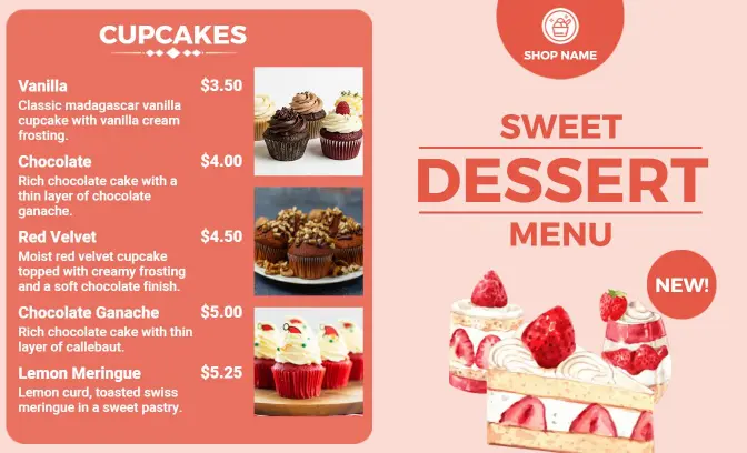Indulgent Cupcake and Brownie Selections Sweet Dessert Menu Template