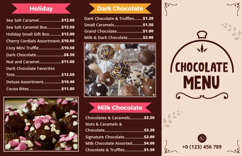 Indulgent Dark and Milk Chocolate Selections Delight Chocolate Menu Template