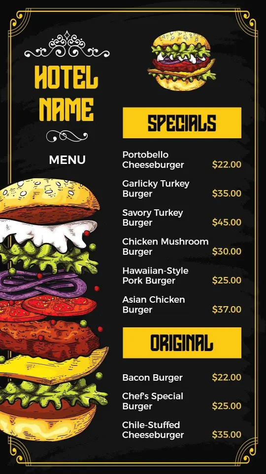 Indulgent Gourmet Burgers and Savory Specials Hotel Menu Template