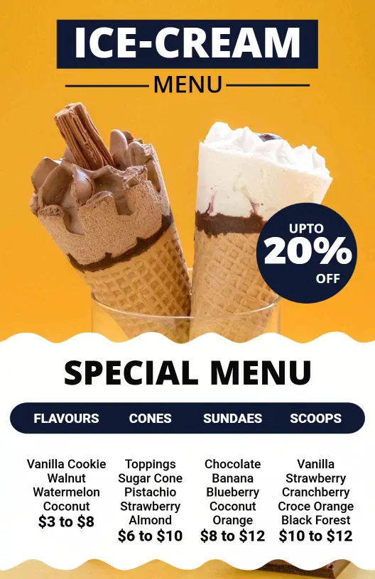 Indulgent Ice Cream Flavors and Classic Sundae Selections Ice Cream Menu Template