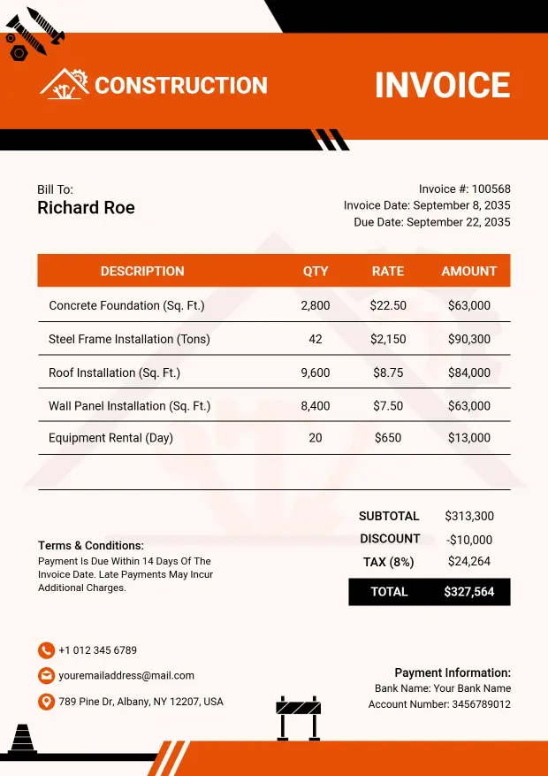 Industrial Construction Service Charges Invoice Template