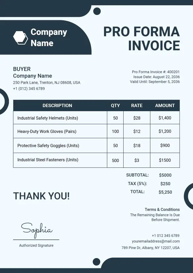 Industrial Equipment Billing Proforma Invoice Template
