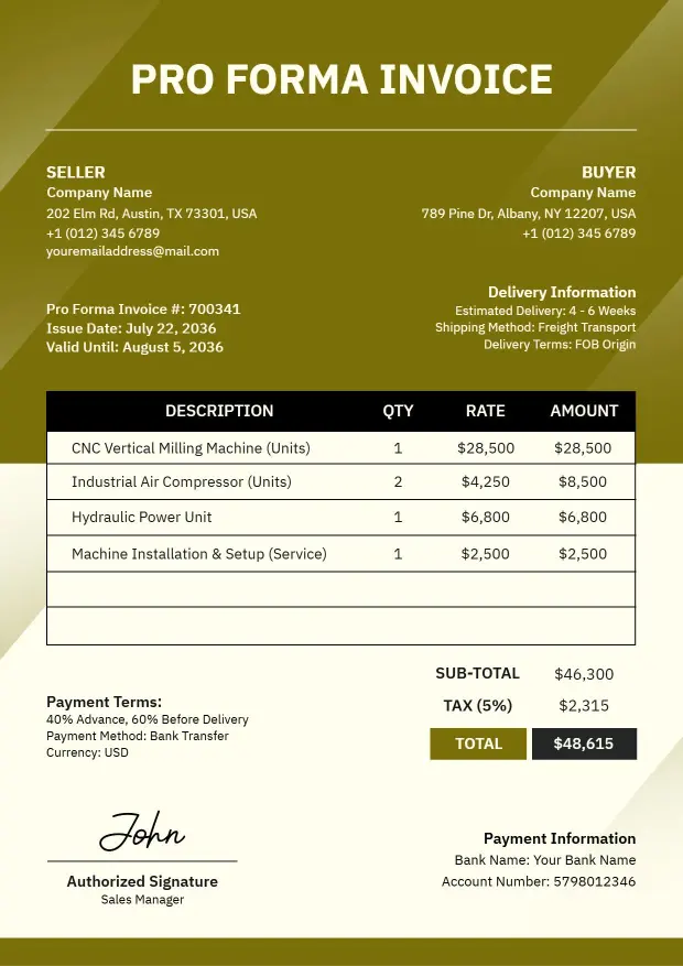 Industrial Equipment Purchase Billing Proforma Invoice Template