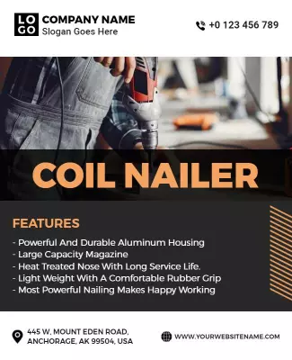 Industrial Orange Coil Nailer Product Features Poster Template