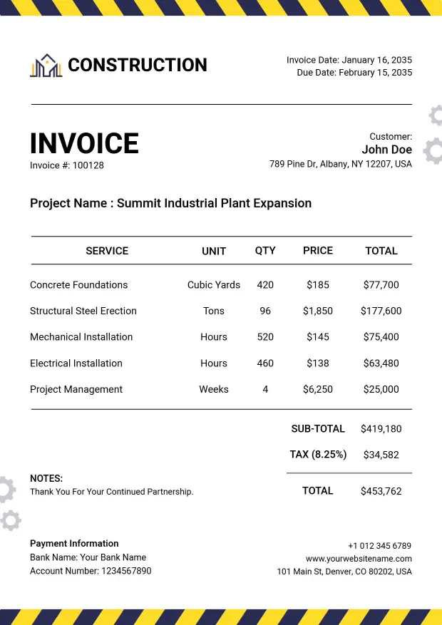 Industrial Plant Project Billing Invoice Template