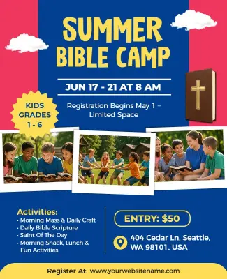 Interactive Summer Bible Camp for Kids Poster Template