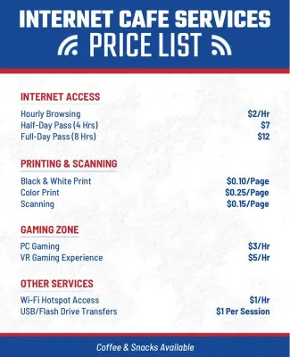 Internet Cafe Services and Pricing List Flyer Template