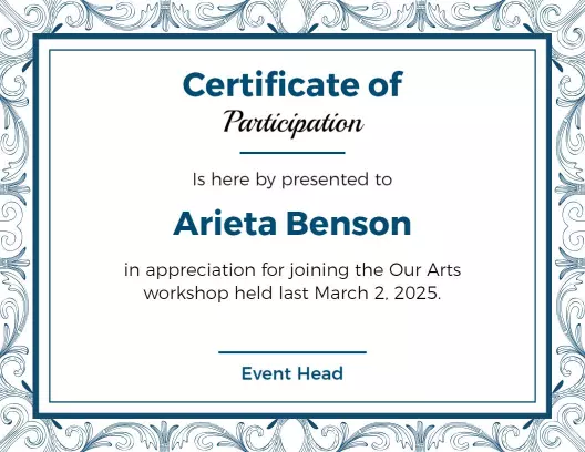 Intricate Elegant Blue Border Art Workshop Participation Certificate Template