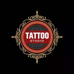 Intricate Gold and Red Design Embracing Tattoo Studio Logo Template