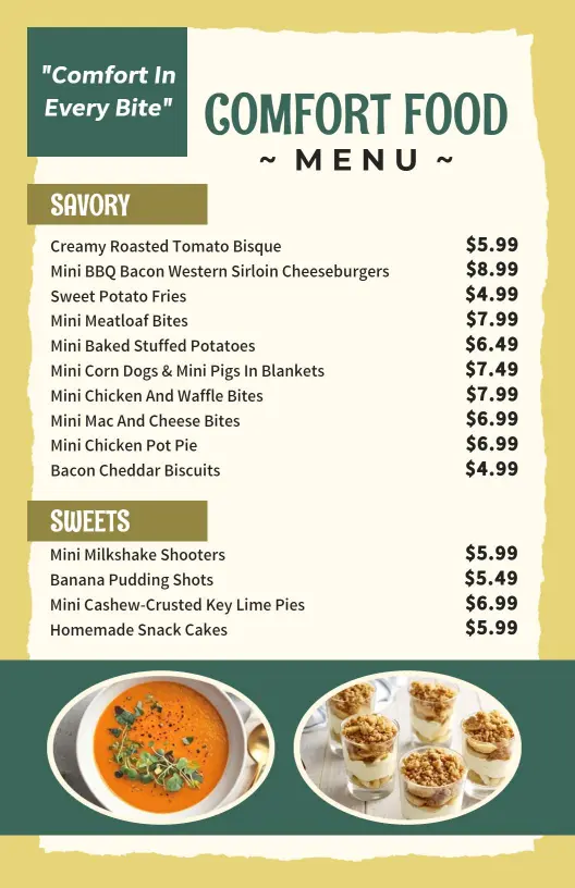 Inviting Beige and Green Comfort Cuisine Menu Template