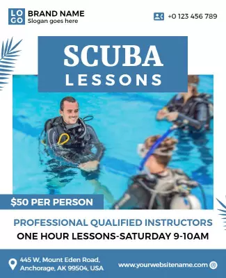 Inviting Blue Scuba Diving Lessons for Beginners Poster Template