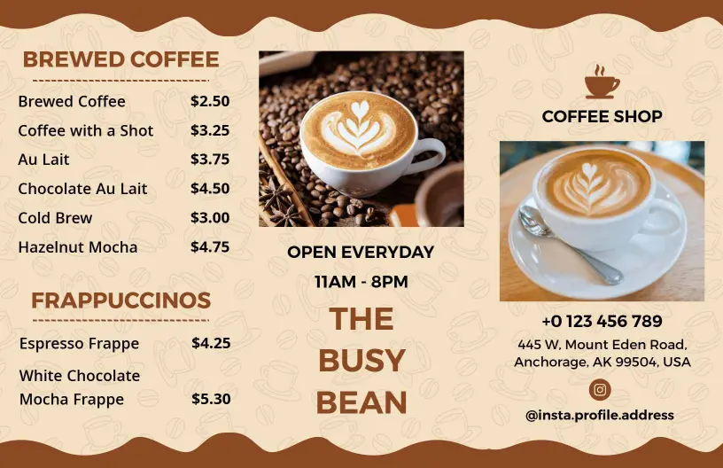 Inviting Coffee and Chai Selections with Dessert Options Cafe Menu Template