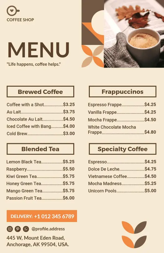 Inviting Coffee and Tea Selections Alongside Delights Cafe Menu Template