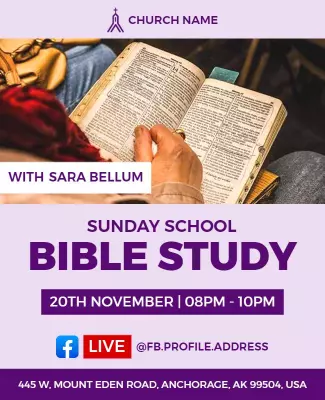 Inviting Purple Bible Study Session at Sunday School Poster Template