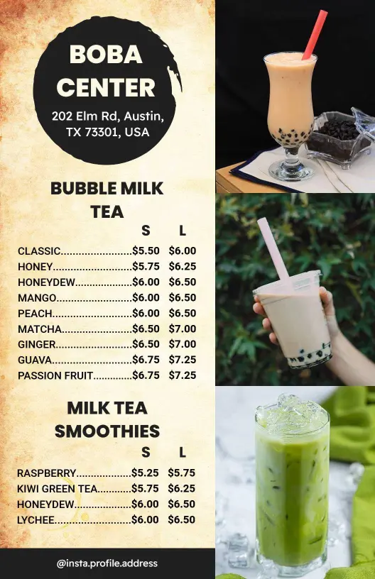 Irresistible Bubble Milk Teas and Smoothies for Refreshment Boba Menu Template