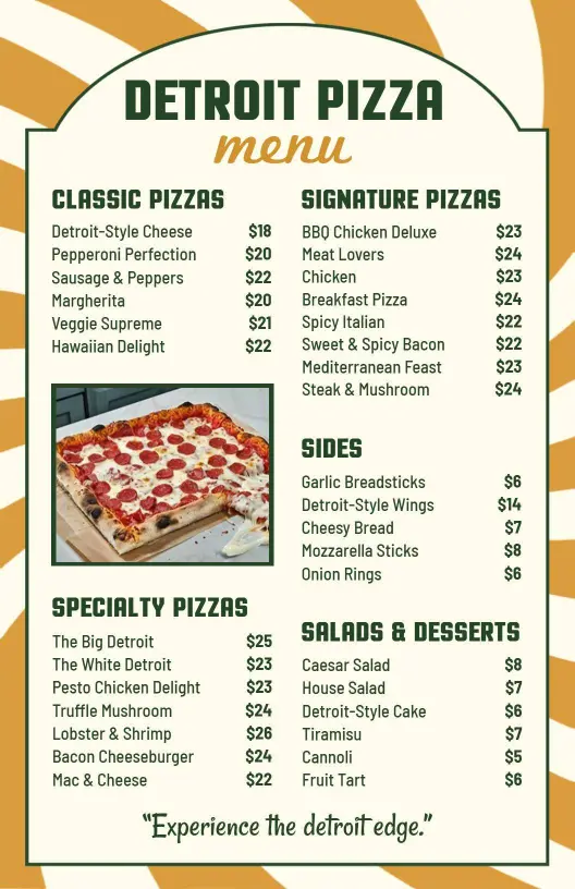 Irresistible Detroit-Style Pizzas with Flavorful Toppings Pizza Menu Template