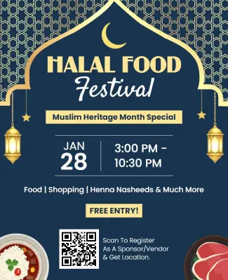 Islamic Blue and Gold Halal Food Festival Flyer Template