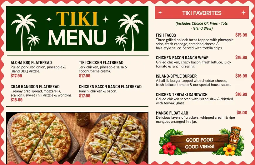 Island-Inspired Beach Tiki Style Dining Experience Menu Template