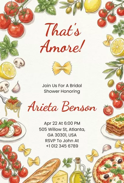 Italian Cuisine Theme Bridal Shower Celebration Invitation Template