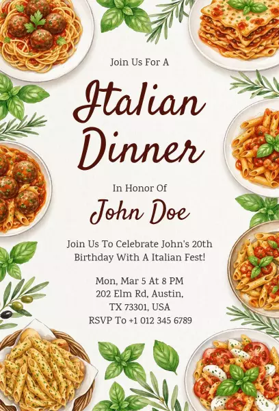Italian Dinner Celebration for 20th Birthday Invitation Template