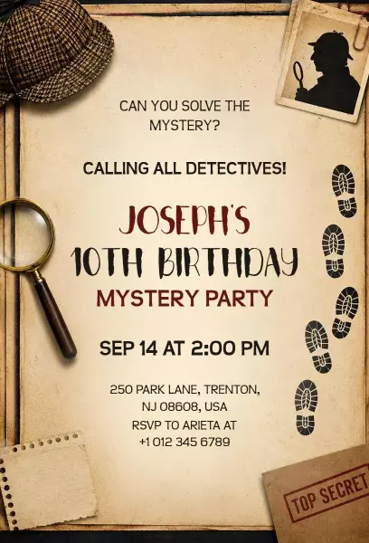 Josephs Exciting Mystery Adventure 10th Birthday Invitation Template