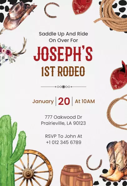 Joseph's Fun Rodeo 1st Birthday Celebration Invitation Template