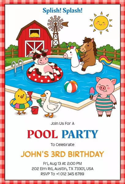 Joyful Animal Theme Kids Pool Party Celebration Invitation Template
