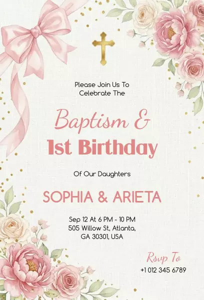 Joyful Baptism First Birthday Celebration Invitation Template