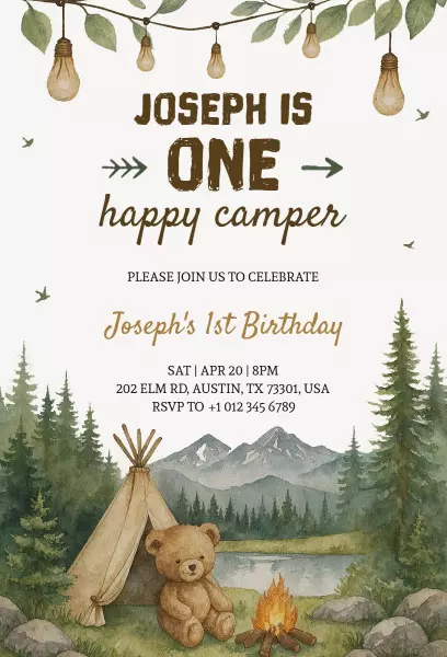 Joyful Camping Theme First Birthday Celebration Invitation Template