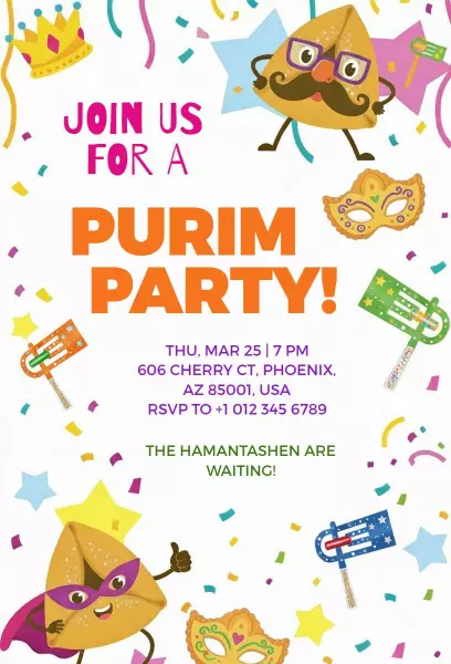 Joyful Colorful Purim Festivity Celebration Party Invitation Template