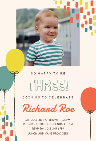 Joyful Colorful Three-Year-Old Birthday Celebration Invitation Template