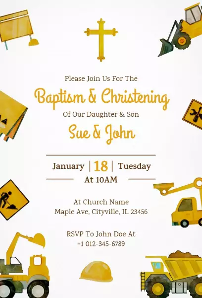 Joyful Construction Theme Baptism Celebration Invitation Template