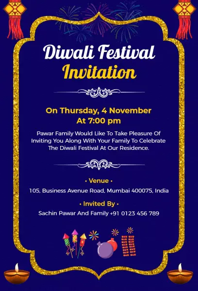 Joyful Diwali Festival Celebration Family Gathering Invitation Template