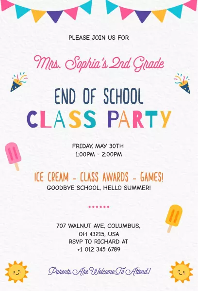 Joyful End of School Class Celebration Party Invitation Template