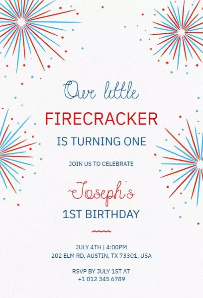 Joyful Firecracker Themed 1st Birthday Celebration Invitation Template