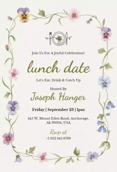 Joyful Floral Lunch Date Social Gathering Invitation Template