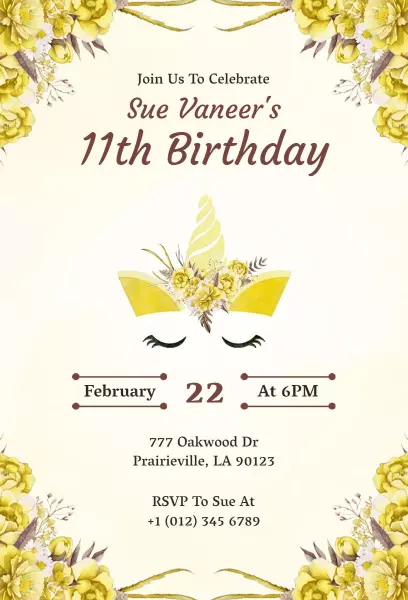 Joyful Floral Unicorn 11th Birthday Celebration Invitation Template