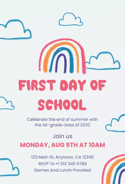 Joyful Rainbow First Day of School Celebration Invitation Template