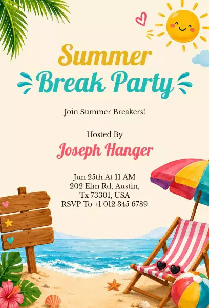 Joyful Summer Break Festive Beach Party Invitation Template