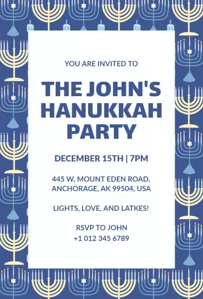 Joyous Blue Menorah Hanukkah Celebration Invitation Template