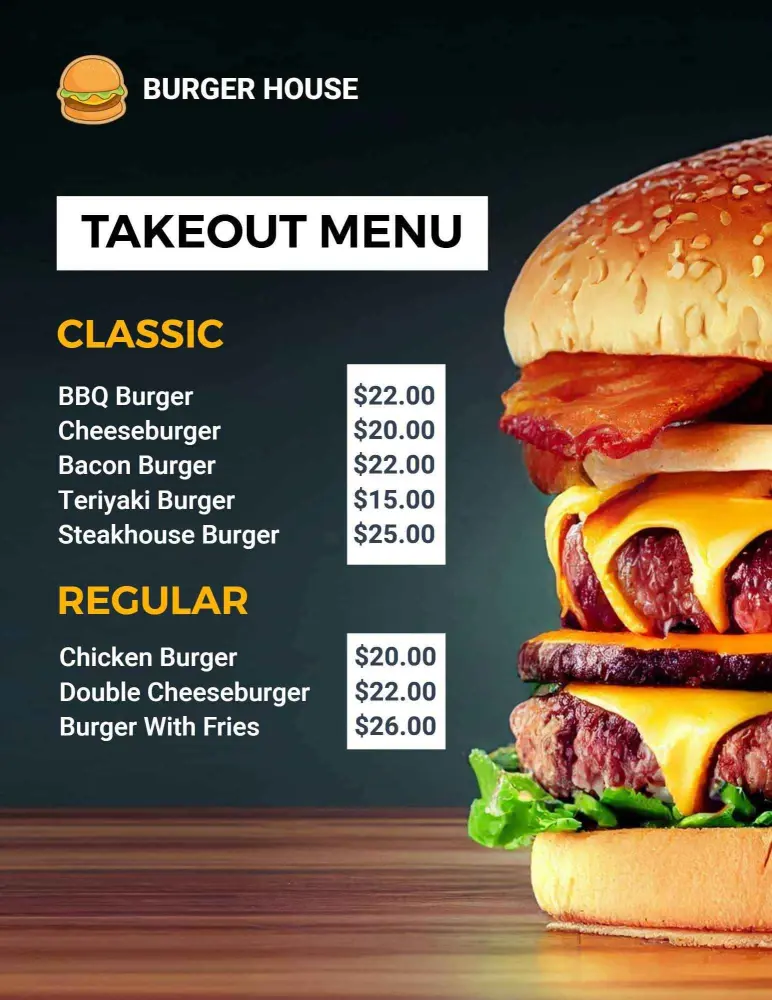 Juicy Cheeseburgers and Savory BBQ Options Take-Out Menu Template