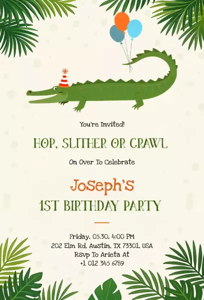 Jungle Adventure Alligator 1st Birthday Celebration Invitation Template